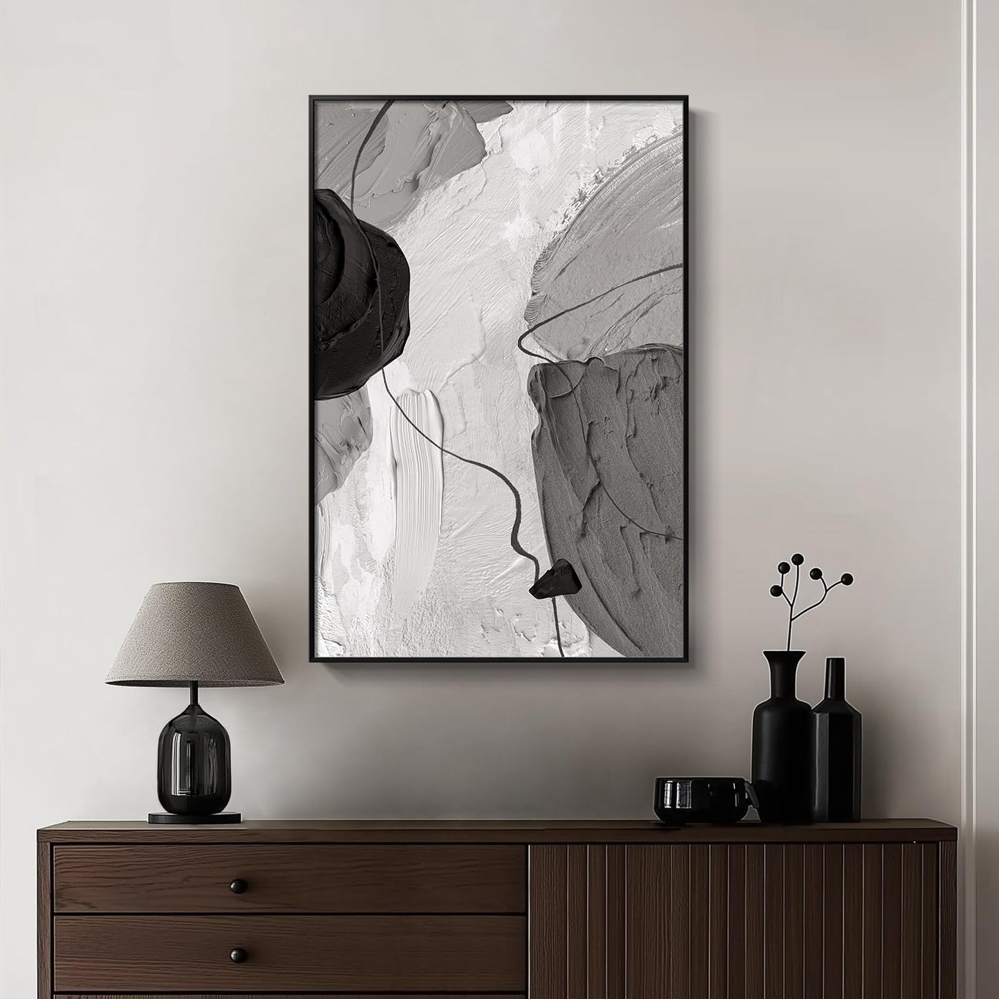Framed Black and White Abstract Canvas Wall Art, Large Modern Art Prints Paintings Artwork for Walls, Minimalist Gray Pictures for Living Room Bedroom Dining Room Office Bathroom Wall Decor 24x36 In