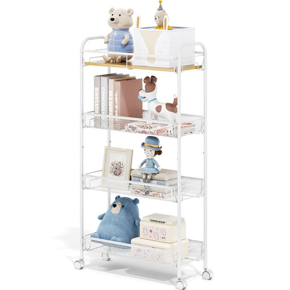TOOLF 4-Tier Slim Rolling Cart, Metal Utility Cart, Slide Out Storage Cart with Wooden Tabletop and Mesh Baskets for Narrow Space on Kitchen Bathroom Laundry Room Bedroom Apartments Dormitory