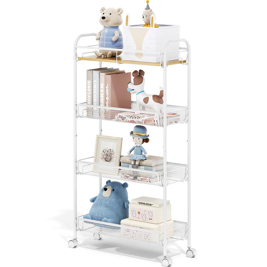 TOOLF 4-Tier Slim Rolling Cart, Metal Utility Cart, Slide Out Storage Cart with Wooden Tabletop and Mesh Baskets for Narrow Space on Kitchen Bathroom Laundry Room Bedroom Apartments Dormitory
