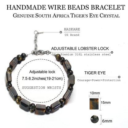 Unique Tiger Eye Bracelet for Men, HASKARE Energy Protection Crystals Golden Blue Tigers Eye Bracelets Handmade Steel Wired Natural Beads Bracelet Adjustable Durable Chain Stone Bracelet Gifts for Him