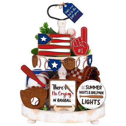 FairySandy 13 Pcs Baseball Tiered Tray Decor Wooden Baseball Table Centerpieces Decor Rustic Wooden Sport Game Sign for Fans Theme Party Supplies