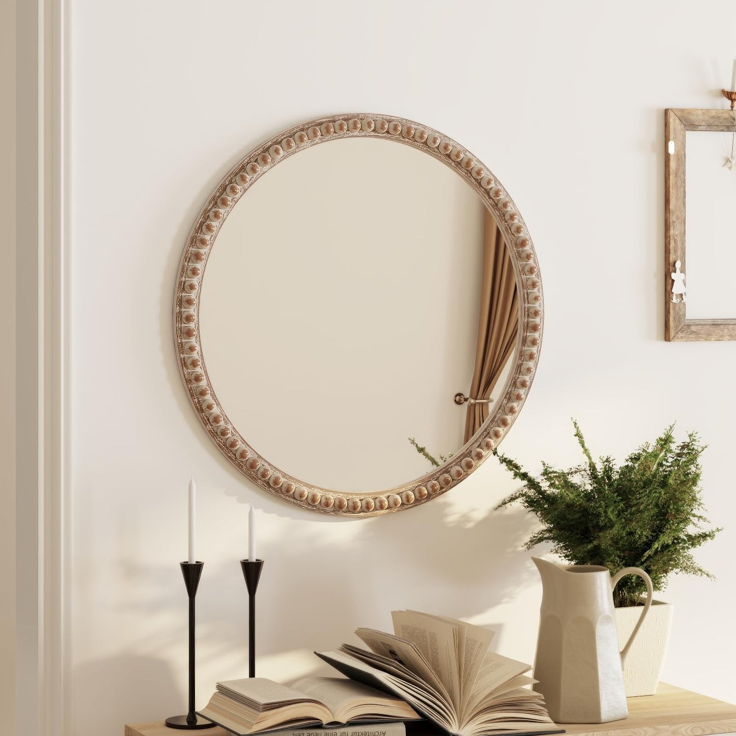COZAYH Distressed Wood Frame Accent Mirror, Rustic Farmhouse Style Decorative Wall Mirror (Round)