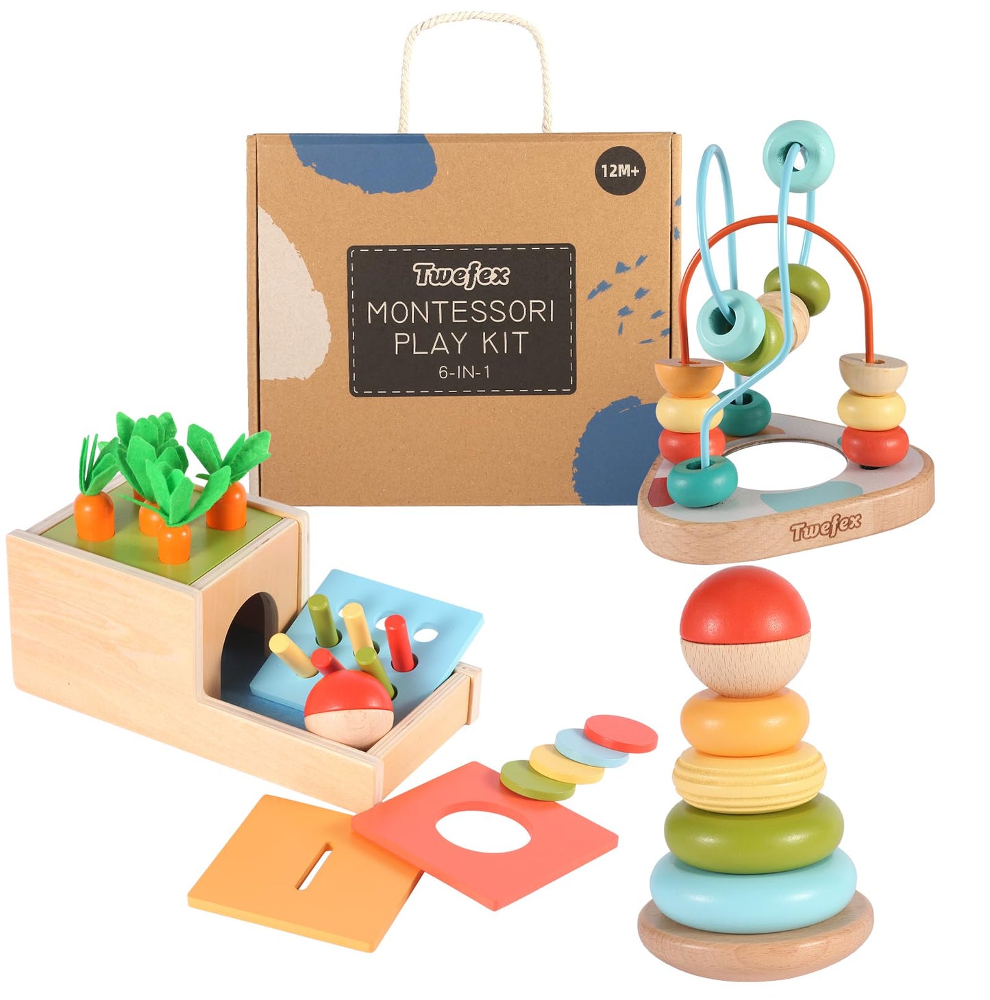 Twefex Wooden Montessori Learning Toys Kit,Babies Toys Set for 1 Year Old, Sensory and Thinking Play kit for Toddlers (Boys and Girls). 4 in 1 Drop Box; Rocking Stacker; Bead Maze.