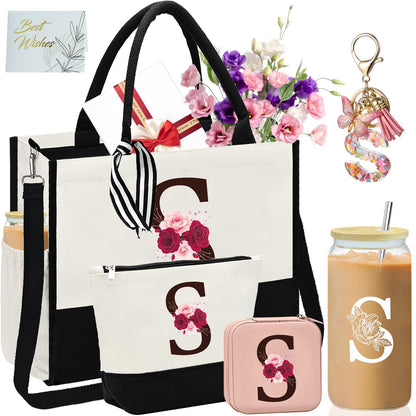 AiHeart Mother's Day Gifts,Birthday Gift for Women,Initial Canvas Tote Bag,Personalized Gifts for Women,16oz Glass Cup With Straw,Jewelry Storage Box,Monogrammed Gift for Woman Mom Sister Bestie-S