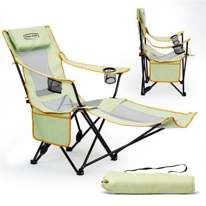 YOUNG WOOD Camping Lounge Chair, Portable Reclining Camping Chair with Foot Rest, Folding Camping Chair for Adults, Headrest & Storage Bag, Mesh Recliner with Backpack, 330lbs Weight Capacity，Green