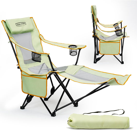 YOUNG WOOD Camping Lounge Chair, Portable Reclining Camping Chair with Foot Rest, Folding Camping Chair for Adults, Headrest & Storage Bag, Mesh Recliner with Backpack, 330lbs Weight Capacity，Green
