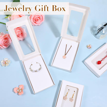 HANLANXUE 100 Pack Mini Jewelry Packaging Boxes with Clear Windows, 5.4"x3.4"x0.7" Paper Necklace Gift Box with Sticker Small Gift Boxes Bulk for Displaying Necklaces Rings Bracelets Earrings (White)