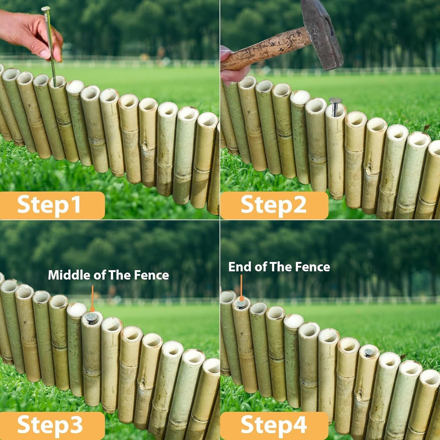 Jollybower 8x39IN Natural Bamboo Edging, Bamboo Garden Border Edging, Outdoor Landscape Edging for Decorative Garden, Patio Flower Garden Bed, Lawn, Yard, Pool Fences（1Pc with 3 Short Poles）