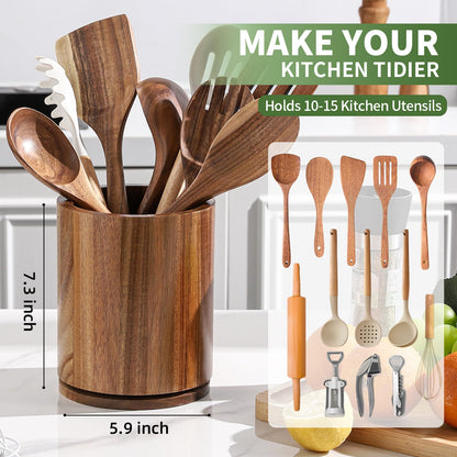 gorsent Wooden Utensil Holder, 360°Rotating 7.3'' Large Utensil Holder for Kitchen Counter, Kitchen Utensil Organizer, Utensil Crock, Farmhouse Kitchens Countertop Decor, Acacia Wood