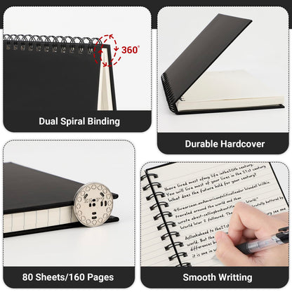EUSOAR Spiral College Ruled Notebook, 12packs A5 5.5" x 8.3" 160Pages/ 80Sheets, Black Thick Hardcover, Tear-off 100GSM Lined Paper, 1 Subject Notepad for Office Meeting Business School Note Taking