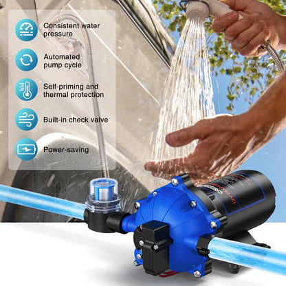 CrestWave 12V DC Washdown Pump Kit, 7GPM 70PSI Wash Down Pump for Boat with Spray Nozzle, 5-Chamber Self-Priming Diaphragm Water Pump with Pressure Switch & Strainer for Boats, RV, Marine, Yacht