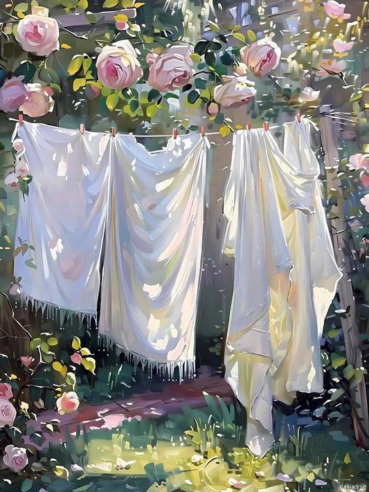 5D Diamond Painting Kit Laundry Hanging on the Line in the Garden Diamond Art Kits for Adults DIY Laundry Round Full Drill Paintings with Diamonds Gem Art for Adults Home Wall Decor 12x16 inch