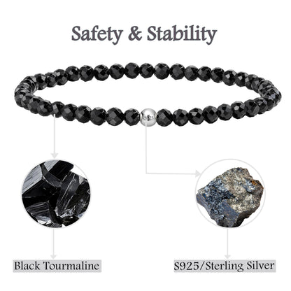 Farfume Black Tourmaline - Safety & Stability - Beaded Bracelets for Women,Handmade Natural Stone 4mm Beads 925 Sterling Silver Stretch Bracelets, Chakra Crystal Gemstone Jewelry Gifts for Mom