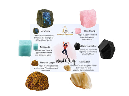 Amazing Gemstone Crystals for Mood Lifting Manifestation, Set of 6 Labradorite, Amazonite, Mariyam Jasper, Rose Quartz, Black Tourmaline and Lace Agate Healing Crystals and Stones