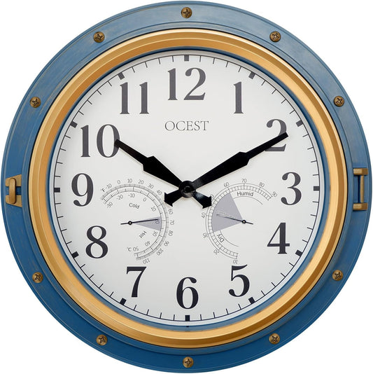 OCEST 16 Inch Indoor Outdoor Clock, Waterproof Wall Clock with Thermometer Hygrometer, Silent Non-Ticking Battery Operated Decor for Home Decor, Patio(Blue)