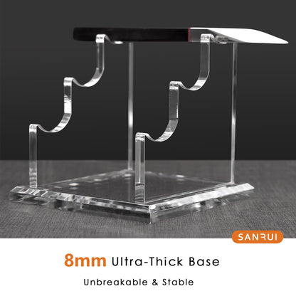 YUXUN Acrylic Pen Holder for Desk - Horizontal Three Pen Display Stand with 8mm Thick Base | Fountain Pen Rest, Apple Pencil Stand, Crystal-Clear Desk Organizer