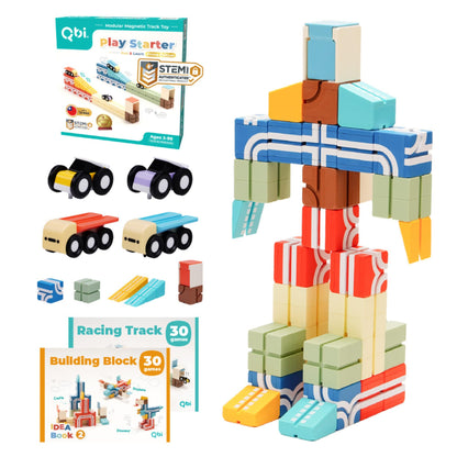 QBI Magnetic Blocks Play Starter Set – STEM Construction Toys & Race Car Track for Kids Ages 3-5+｜Educational Magnet Building Tiles with 2 Ramps & 4 Vehicles｜Montessori Gift for Boys & Girls (36 Pcs)