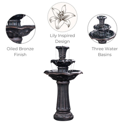 Teamson Home Lily Flower Floor Pedestal 3 Tiered Floor Waterfall Fountain with Pump for Outdoor Patio Garden Backyard Decking, 38 Inch Height, Dark Gray