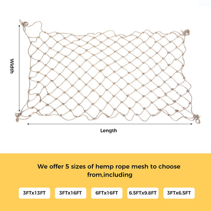 Jute Hemp Rope Net,Heavy Duty Natural Safety Rope Netting Balcony Stairs Fence Garden Playground Protection Net Indoor & Outdoor Decoration Rope Netting (6.5FT*16FT)