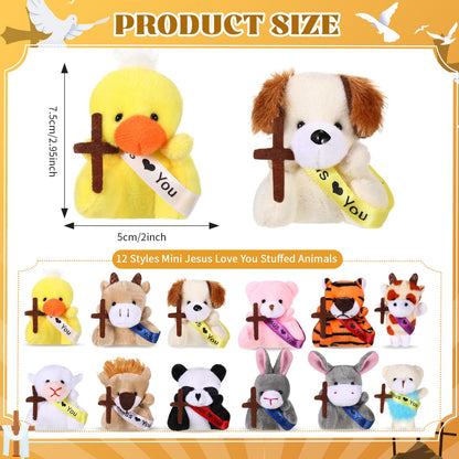 Soulchen 12 Pcs Jesus Love You Mini Plush Animal Toys for Kids Christian Small Stuffed Animal Toys with Ribbon and Cross Religious Gifts for Vbs Party Favors Easter Egg Fillers Church Decorations