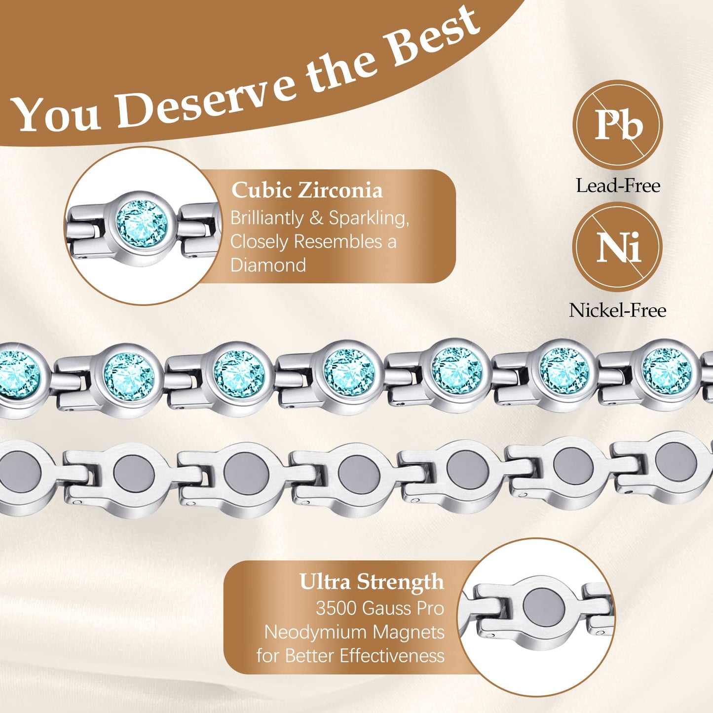 Feraco Magnetic Bracelet for Women Titanium Steel Magnetic Bracelets with Gorgeous Sparkling Cubic Zirconia Costume Jewelry Gifts (Blue)