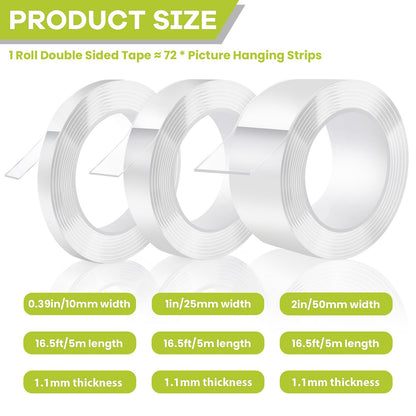 Double Sided Tape Heavy Duty, Removable Nano Double Sided Adhesive Tape, Clear Mounting Tape Picture Hanging Adhesive Strips Waterproof for Walls Photo Crafts Carpet Poster, 1" x 16.5FT
