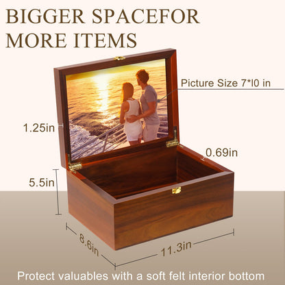 Large Wooden Keepsake Box with Hinged Lid and Photo Frame - Elegant Wedding Memory Box, Ideal for Photos, Letters, Time Capsules, Bride Gift, Decorative Storage，5.5“*8.6”*11.3“