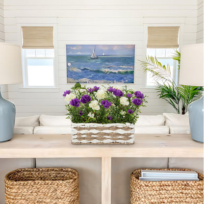 Artificial Rose Flowers with Woven Basket, Faux Roses in Fake Rattan Planter for Table Centerpiece, Romantic Floral Arrangement for Home Bathroom Office Desk Spring & Rustic Decor, Cream White Purple