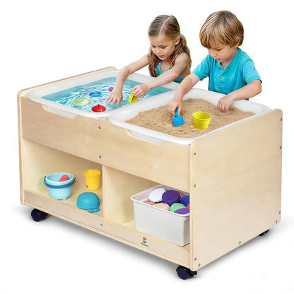Bolocon Sand and Water Activity Table for Kids, Sensory Table w/Dual Deep Sand/Water Bins & 2 Bottom Storage Compartment & Lockable Casters, Indoor/Outdoor Activity Play