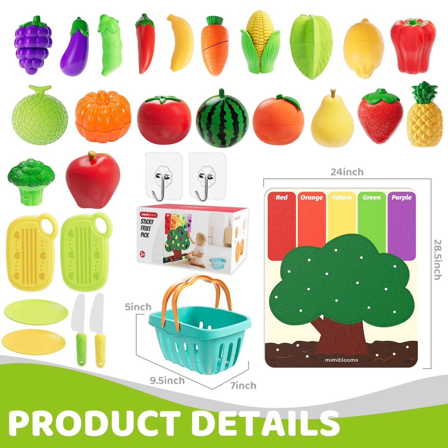Mimiblooms Play Food Set with Cutting Fruits&Felt Tree Mat, Pretend Food Play Kitchen Accessories, Toy Kitchen Food Playset for Toddlers, Preschool Learning Toys for Kids Ages 3 4 5 6 Boys Girls Gift