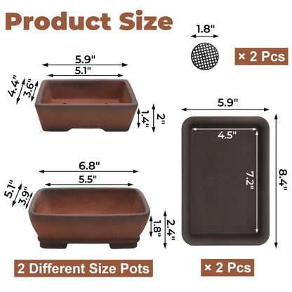 ELFULLY 2 Pack Ceramic Bonsai Pots with Drainage Tray, 6" and 7" Unglazed Rectangle Bonsai Tree Planters, Bonsai Training Pots, Succulent Cactus Planter with Drainage Hole for Outdoor Indoor, Brown