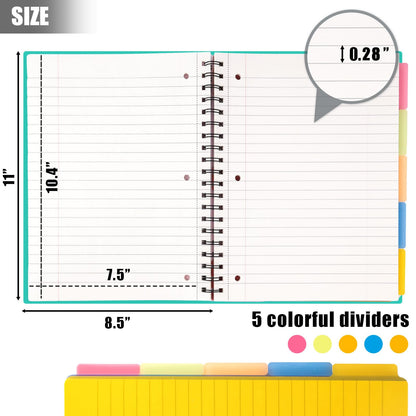 HIBOX Spiral Notebook with Tabs, 8.5x11inch Hardcover College Ruled Journals with Deviders 5 Subject Project Notebook Perforated Edges for School Office, Green
