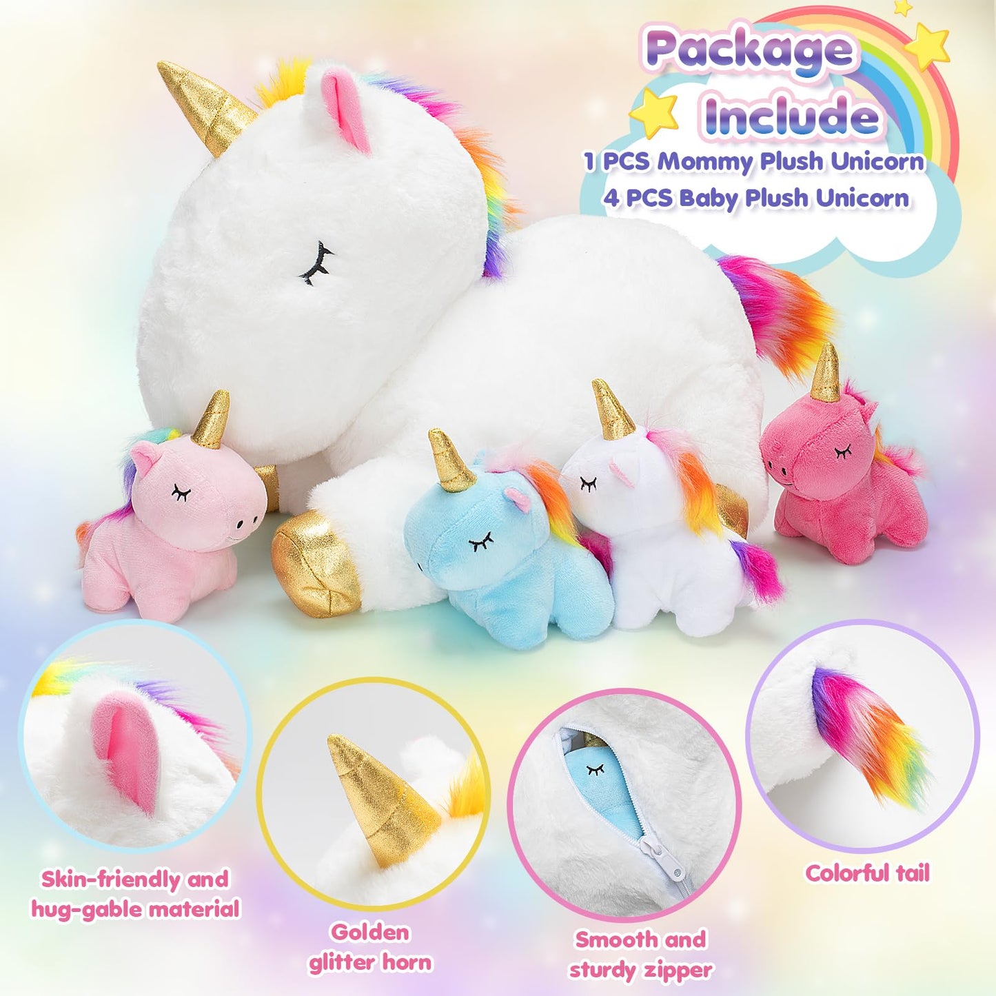 KIZZYEA Toys for Girls Ages 0 1 2 3 4 5 6 7 8+ Years, Unicorn Plush Toys Set, Soft Unicorn Mommy Stuffed Animal with 4 Baby Unicorns in Her Tummy, Birthday for Baby, Toddler, Kids