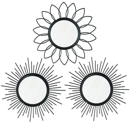 3 Pack Metal Mirrors for Wall Sunburst Wall Mirrors Home Décor Decorative Hanging Wall Art for Living Room Bedroom Entryway (Black, Flower+Sunburst)