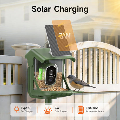 CINMOORE Smart Bird Feeder with Camera - Solar Powered, AI Bird Recognition, 2.4G WiFi 2.5K HD Video Live Stream, Full Color Night Vision, Instant Arrival Alerts, Weatherproof Bird House for Outside