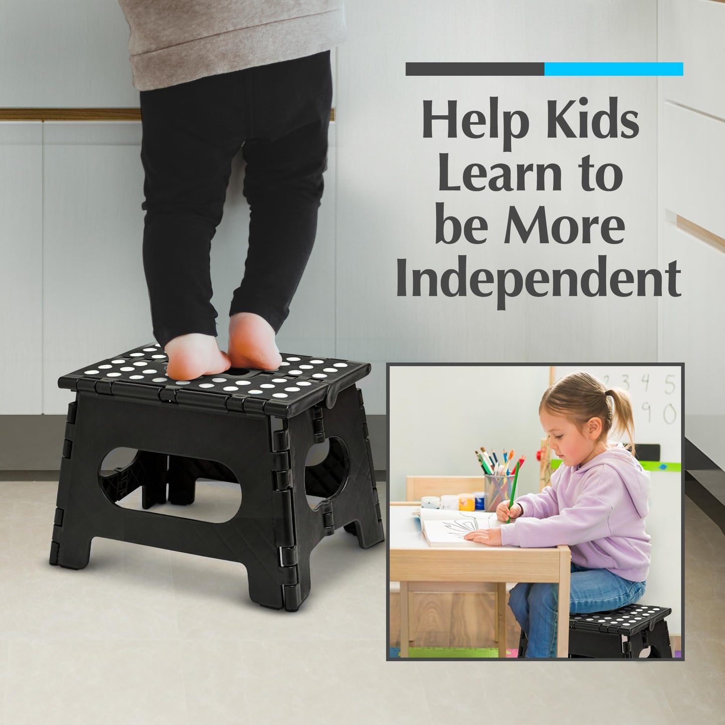Handy Laundry Folding Step Stool - Sturdy Enough Collapsible Stool to Support Adults and Safe Enough for Kids - Opens Easy with One Flip - Great for Kitchen, Bathroom or Bedroom (Black - 9 Inch)