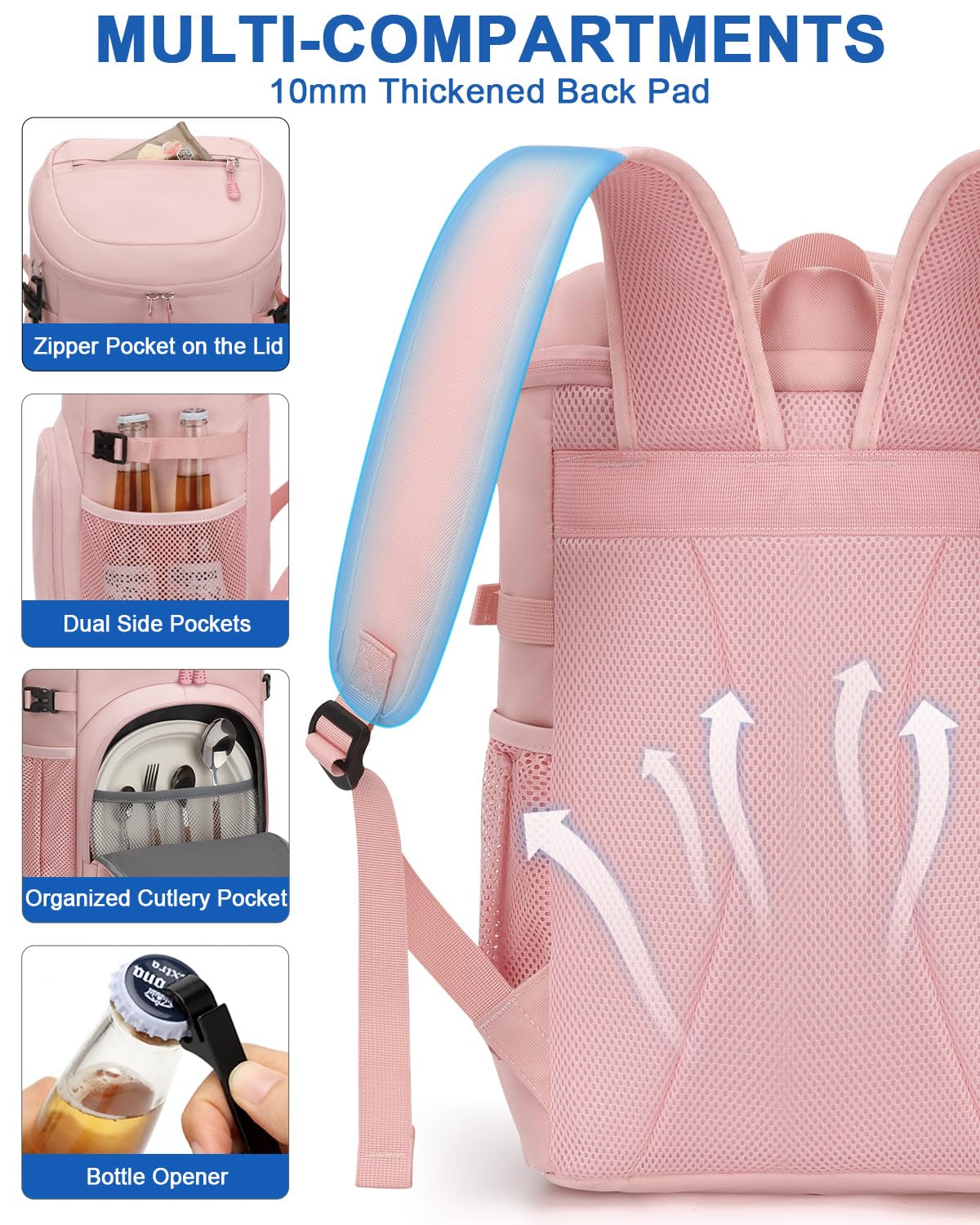 Pritent Cooler Backpack for Men Women Insulated Waterproof Backpack Cooler Leak Proof Cooler Bag Lightweight Lunch Backpack for Camping Beach Travel Picnic(Pink,30 Cans)