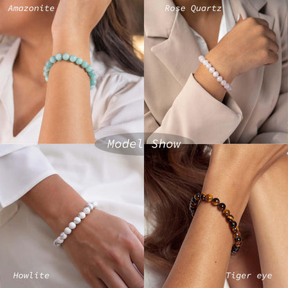 FIRAZIO 12PCS 6mm 8mm Gemstone Beaded Bracelets for Women Semi-Precious Natural Crystal Bracelets Round Beads Gemstones Stretch Bracelet Jewelry Gift