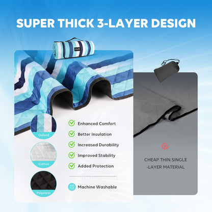 ZAZE Picnic Blankets Beach Blanket, 80''x80'' Extra Large Thick 3-Layers, Sandproof Machine Washable Waterproof Foldable Oversized XL Outdoor Mat, for Camping, Park, Travel, Grass(Blue White Stripe)
