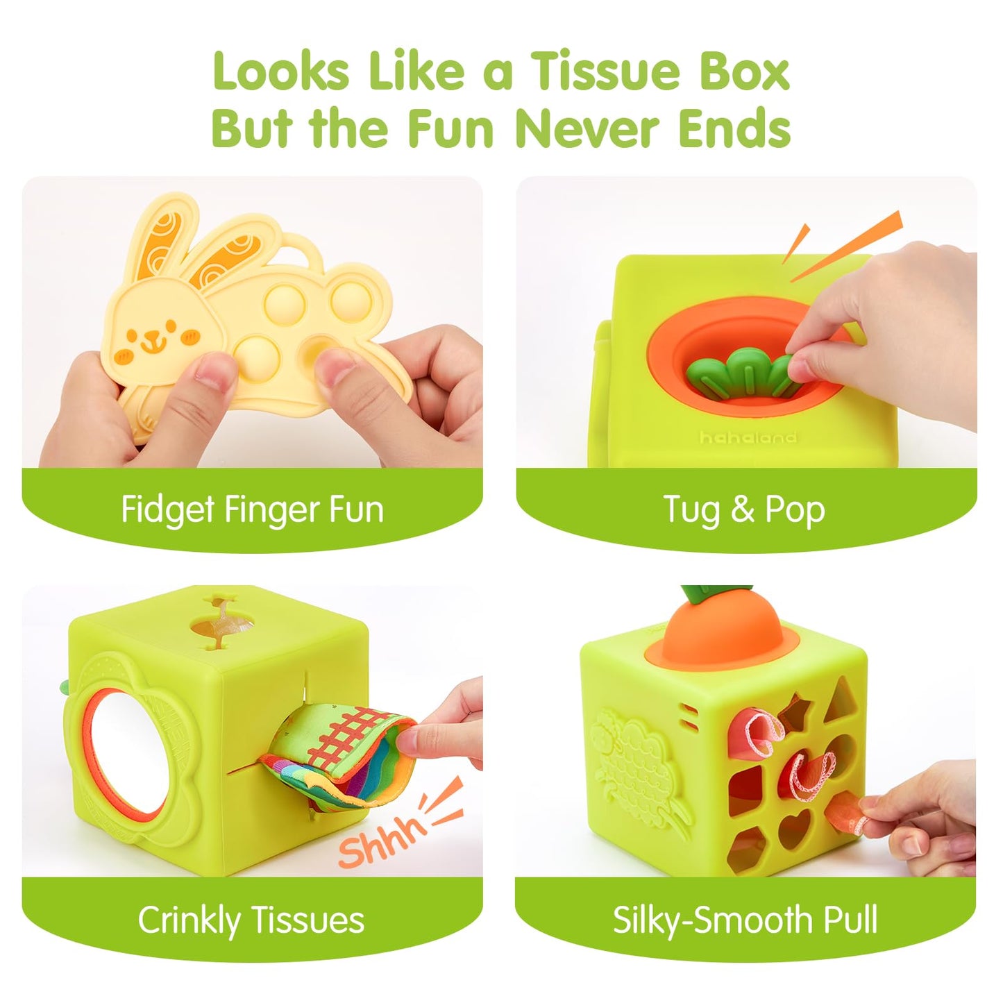 hahaland Silicone Baby Tissue Box Toy - Baby Toys 6-12 Months Montessori Toys for 6 Month Old Babies, 6-in-1 Soft Busy Activity Cube with Scarves, Crinkle, Textures, Mirror, Sensory Popper 9 Month Old