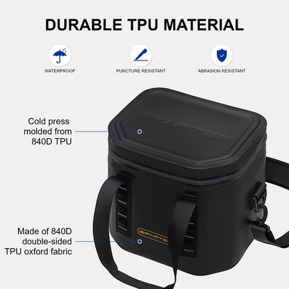 SPARTER Portable Soft Cooler 12 Cans, IP68 Tizip Leak-Proof Zipper for Camping, Fishing, Beach, Outdoors Insulated Ice Chest with Reusable Ice Pack- Black