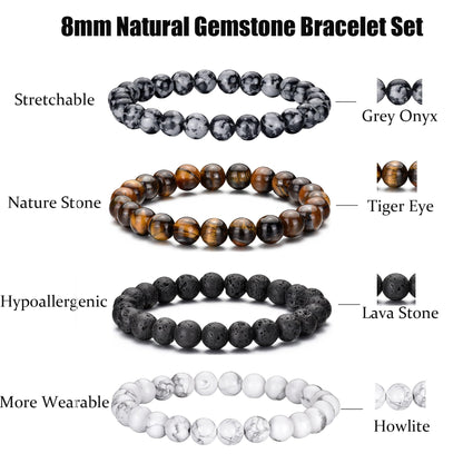 RANKEEF Mens Bracelets 8MM Natural Stone Beads Bracelet Set Stretch Adjustable Beaded Bracelets for Men