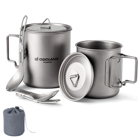 Odoland Titanium Camping Cookware 420ML & 750ML Titanium Pot with Lid and Spork Lightweight Camping Pot for Backpacking Hiking Traveling and Picnic