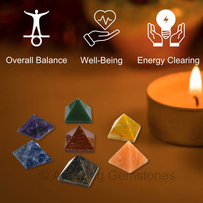 Amazing Gemstone 7 Chakra Pyramid Set for Reiki Healing Crystal with Engraved Reiki Symbols - Energy Balancing Polished Chakra Set with Velvet Pouch