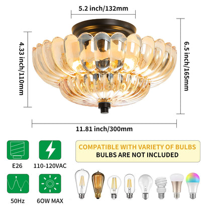 GloMuse Semi Flush Mount Ceiling Light Fixture Vinatge Black Ceiling Lights Mid Century Modern Glass Close to Ceiling Lighting Fixtures for Bedroom Hallway Foyer Bathroom Kitchen Laundry Room Nursery