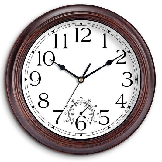 KECYET 12 Inch Outdoor Wall Clock with Thermometers, Vintage Silent Wall Clocks Battery Operated, Retro Non-Ticking Clock Decorative for Living Room, Patio, Kitchen, Office, Bathroom, Bedroom(Bronze)