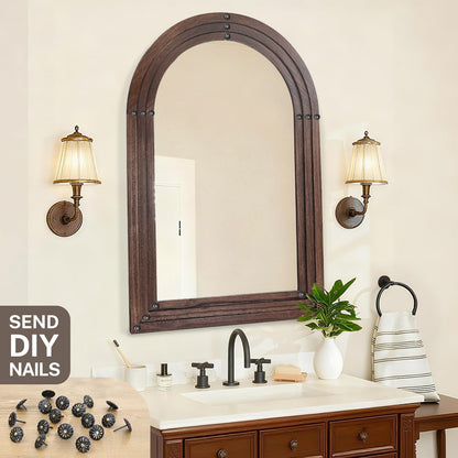 LXWZHK 36"x24" Arched Wooden Frame Wall Mirror, Rustic Vanity Wall Mirror for Bathroom, Bedroom, Brown