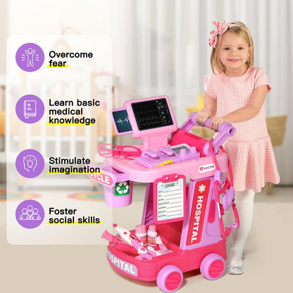 Phobby Doctor Kit for Toddlers Aged 3 4 5, Medical Pretend Play Set for Kids with Bag and Costume, Doctor Cart Toy for Girls Boys Birthday Gift (Pink)