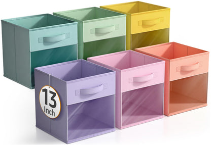 Sorbus 13 Inch Storage Bins with Clear Window - 6 Foldable Baskets for Organizing Clothes, Toys, Books - Sturdy Collapsible Fabric Storage Cubes with Handle - Storage Baskets for Shelves, Closets