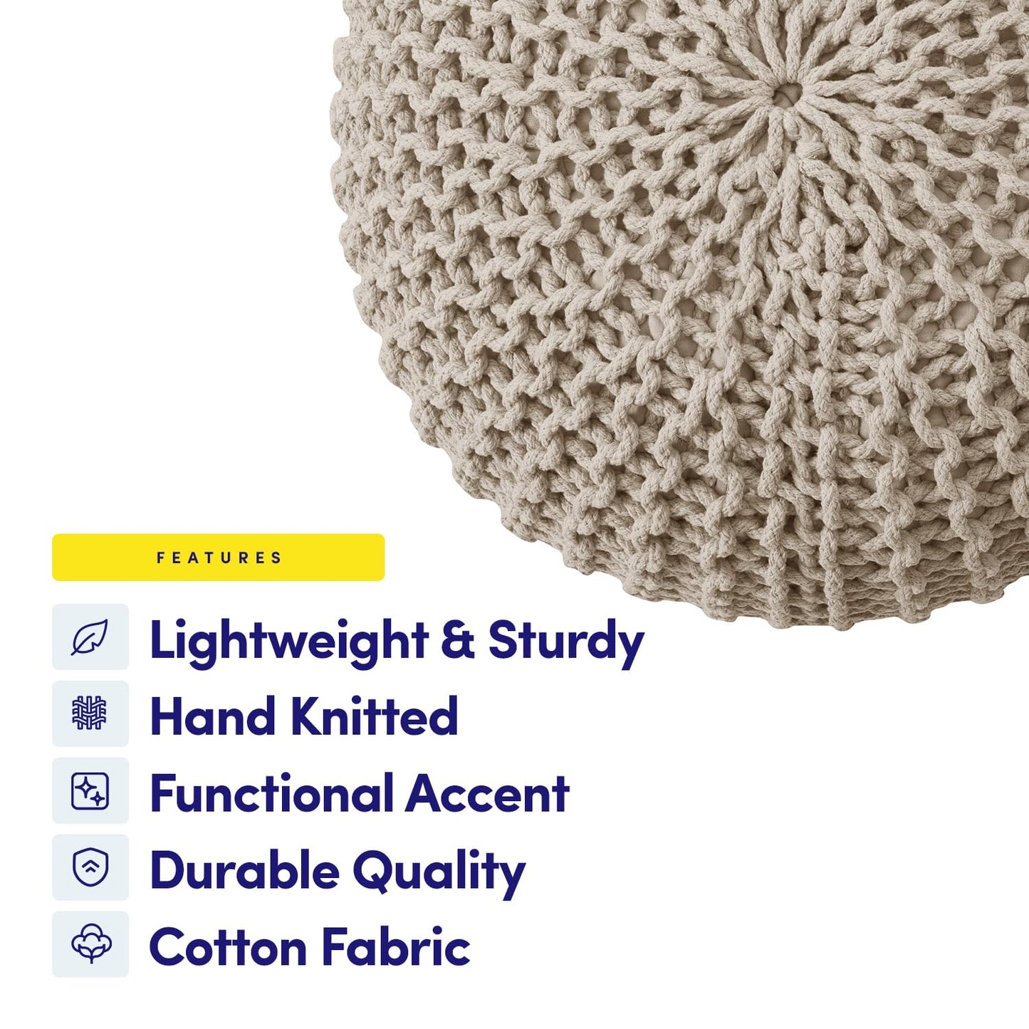 Pouf Ottoman Foot Rest Stuffed – 20” Diameter x 14” Tall Cozy Floor Pouf for Living Room, Bedroom, Nursery & More – 100% Cotton Knit Shell, EPS Bead Filled Footrest & Accent Chair, Beige